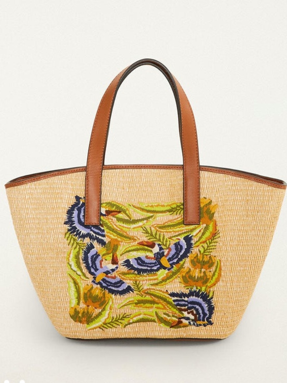 NEW FARM Rio Raffia Basket Tote Bag Purse Toucan Embroidered Small 15 x 9 x 4"